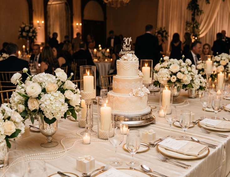 Elegant pearl wedding anniversary tablescape with white floral centerpieces and a themed cake.