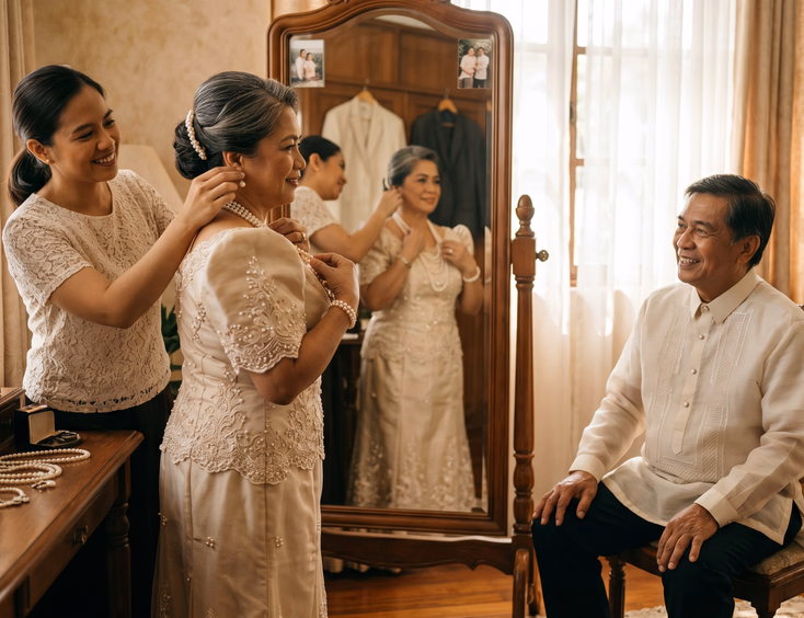 Filipino couple in their late 60s getting ready for a pearl anniversary vow renewal in a dressing room.