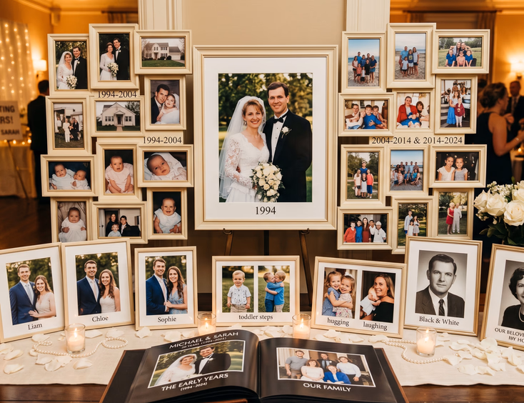 Pearl wedding anniversary memory table featuring framed family photos spanning 30 years.