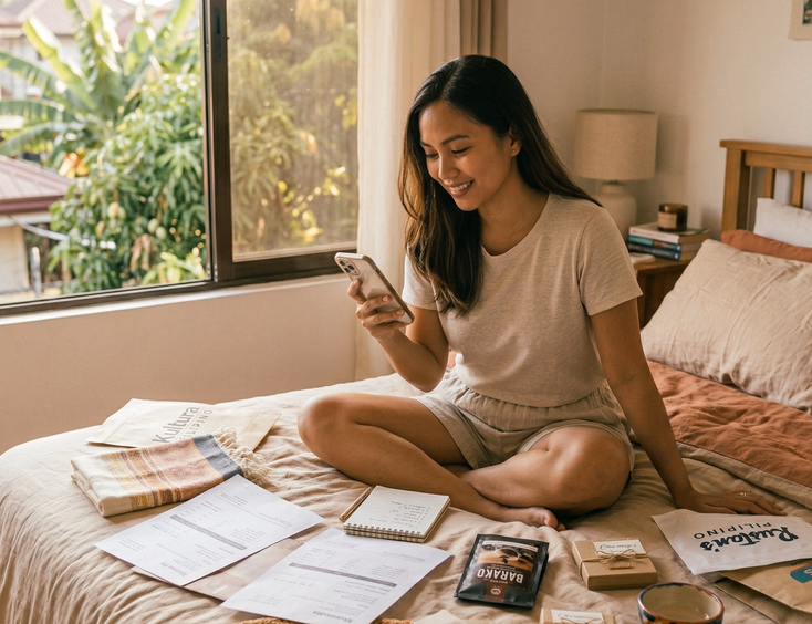 Filipino woman with tan skin sitting cross-legged on a bed scrolling through a shopping app on her phone surrounded by printouts and packaging from local Filipino online shops in soft afternoon light