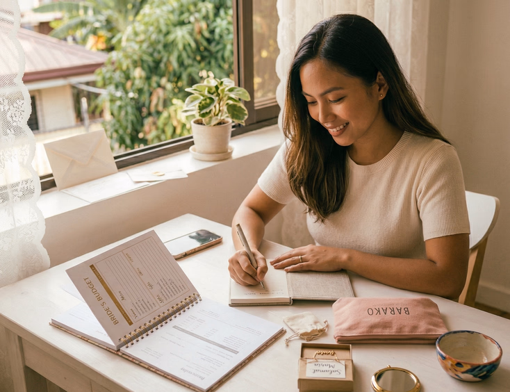 Filipino bride with dark hair writing in a notebook beside a budget planner on a bright desk with personalized bridesmaid gift items including a pouch, name necklace, and compact mirror in soft natural daylight