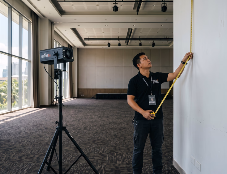Filipino lights and sounds technician measuring wall with gobo projector on tripod during daytime venue ocular inside empty hotel ballroom