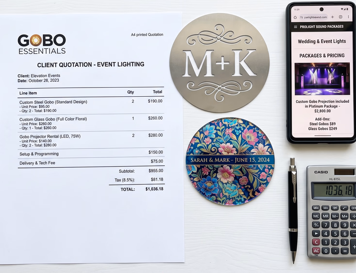 Flat lay of gobo pricing items including printed quotation sheet, steel and glass gobo discs, smartphone with supplier website, pen, and calculator on white desk