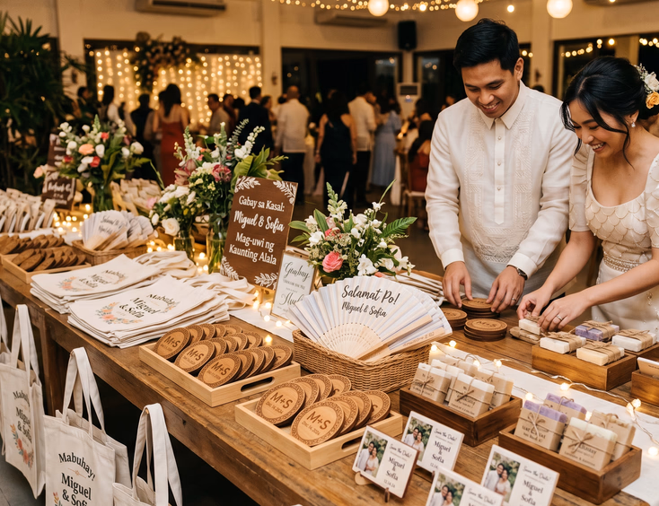 Filipino couple in semi-formal attire arranging personalized wedding giveaways on a long wooden table including custom tote bags, engraved coasters, personalized fans, printed soap bars, and ref magnets with warm string light bokeh in the background