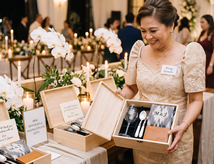 Filipino ninang in a formal terno dress picking up an open gift box at a wedding reception revealing engraved wine glasses, a mother of pearl spoon and fork set, a personalized blanket, and a leather card holder with a handwritten thank-you note beside it