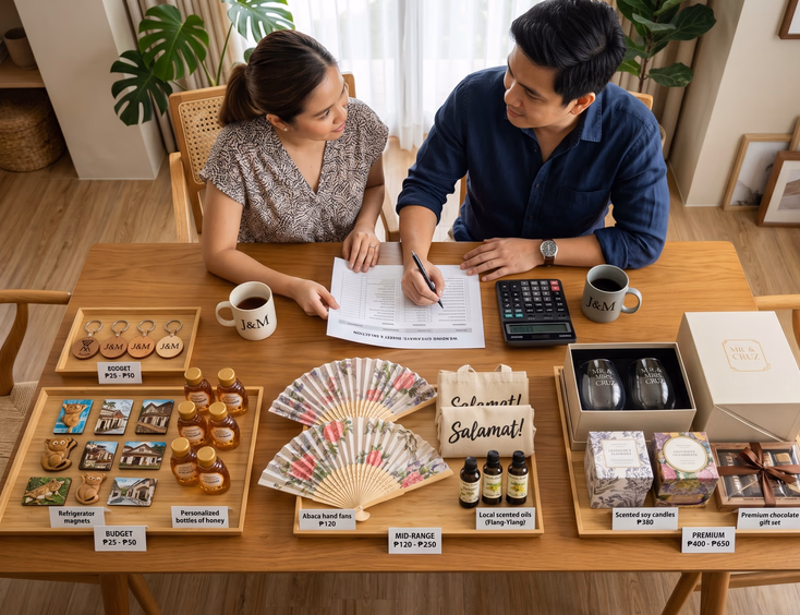 Overhead view of a Filipino couple reviewing wedding giveaway samples sorted by price tier on a modern dining table with budget items like keychains and ref magnets on the left, mid-range tote bags and fans in the center, and premium engraved glassware and candles on the right