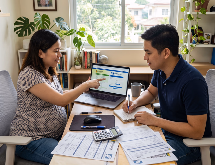 A young Filipino couple sits at a bright home desk, focused as they review important PhilHealth and SSS documents on a laptop together.