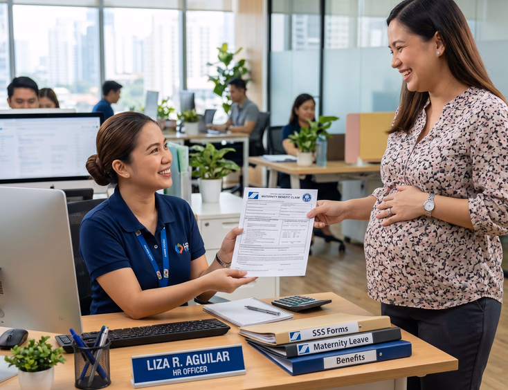 A smiling pregnant Filipina woman hands her official SSS maternity benefit form to a friendly HR officer in a bright, neat office setting.