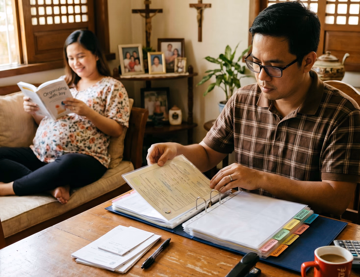 A diligent Filipino father methodically organizes a document folder with labeled tabs at a sunlit dining table, his pregnant wife rests nearby.