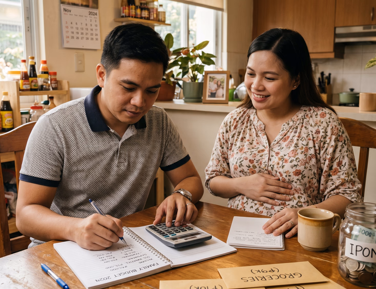 A Filipino couple creates a family budget at their kitchen table; the husband uses a calculator while his pregnant wife watches in cozy light.