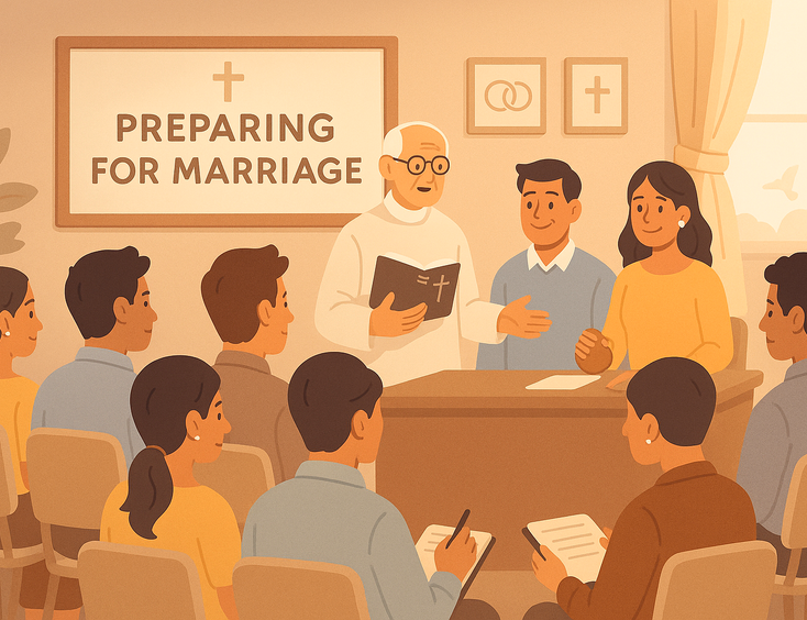 Engaged Filipino couples attending a Pre-Cana seminar, listening to facilitators discuss marriage and faith.