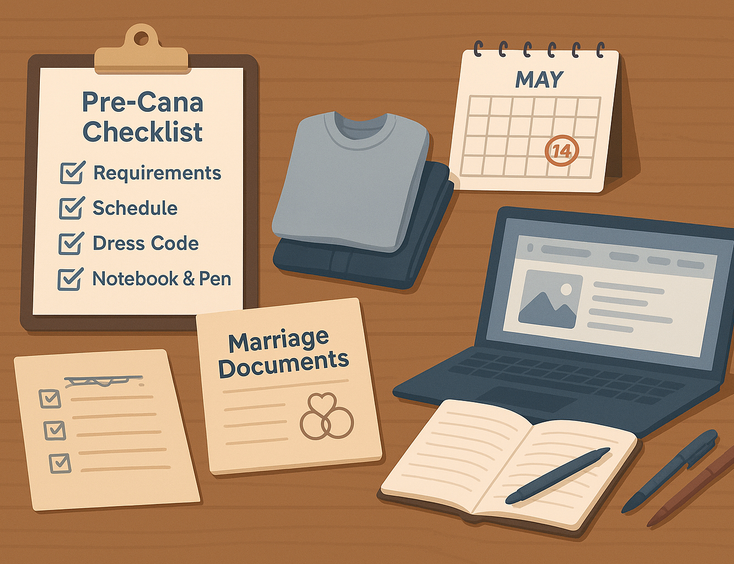 Essential items and documents neatly arranged for preparing to attend a Pre-Cana seminar in the Philippines.