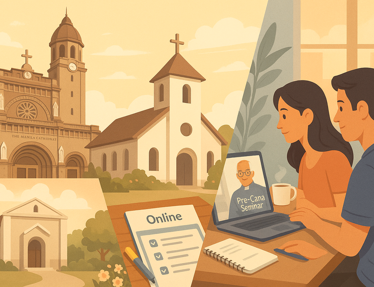 Variety of Philippine Pre-Cana seminar locations, from cathedrals to parish churches and online sessions.