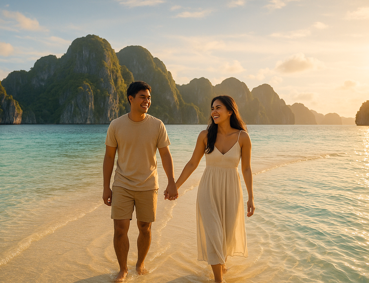 Young Filipino couple on a Palawan sandbar at golden hour with glassy turquoise water and limestone cliffs