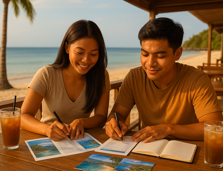 Filipino pair at a beachfront café comparing two package brochures and ticking a side by side checklist with a pen