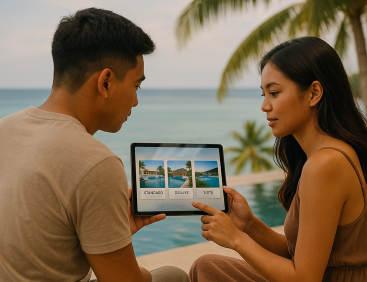Couple studying a tablet that shows three resort tiers essentials sweet spot and luxe with small icons for boats dinner and spa