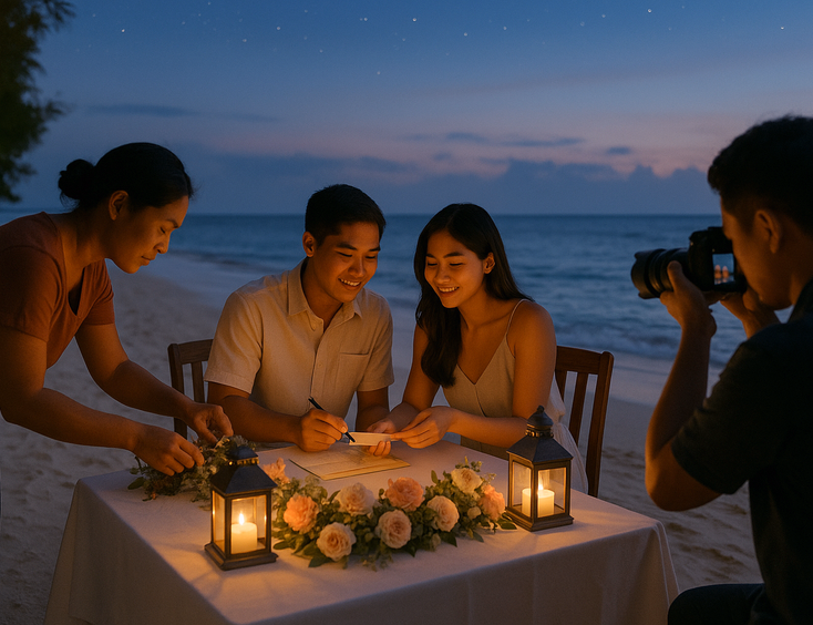 Young Filipino couple overseeing a candlelit beach setup while a florist places low blooms and a photographer checks light
