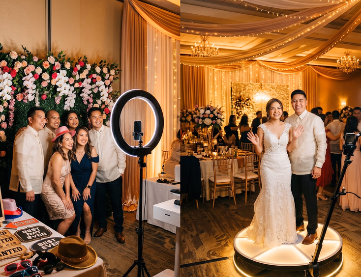 Filipino wedding reception guests posing at a side-by-side open-air photo booth and 360 video booth station inside a ballroom decorated with string lights and draped fabric