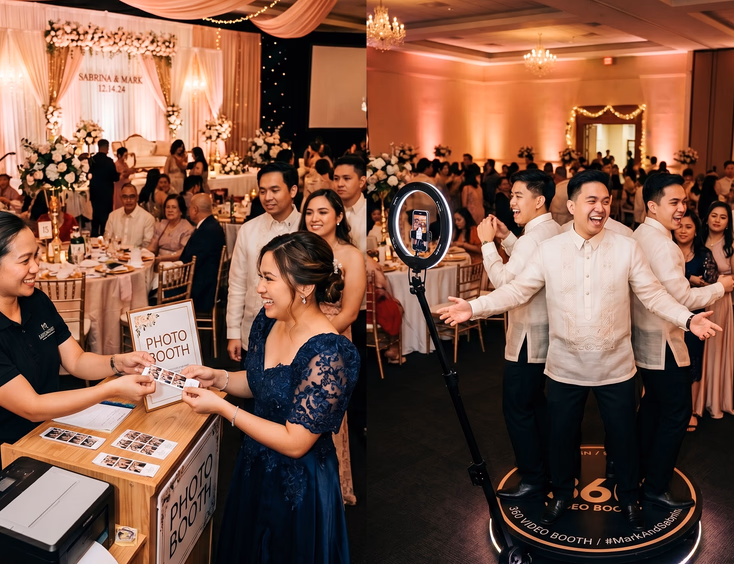 Filipino wedding reception attendant handing a printed photo strip to a guest while three men in barong tagalog pose on a 360 video booth platform with a rotating camera arm