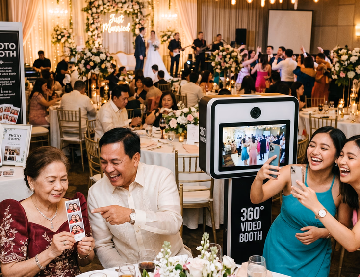 Filipino lola admiring a printed photo strip at a wedding reception while two young women laugh watching a 360 video clip on a phone nearby