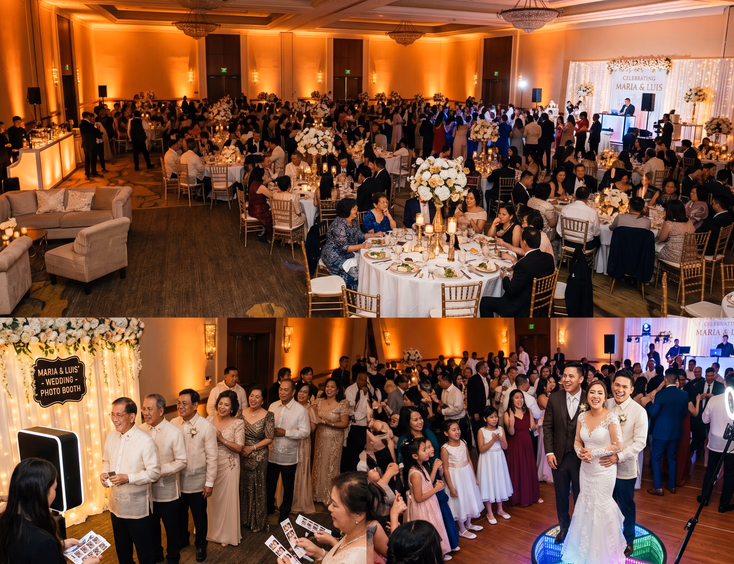 Large Filipino wedding reception with 200 guests featuring a photo booth printing strips for older guests and a 360 video booth platform glowing with LED lights near the dance floor