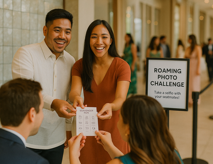 Couple hands out scavenger cards while guests explore and snap creative photos