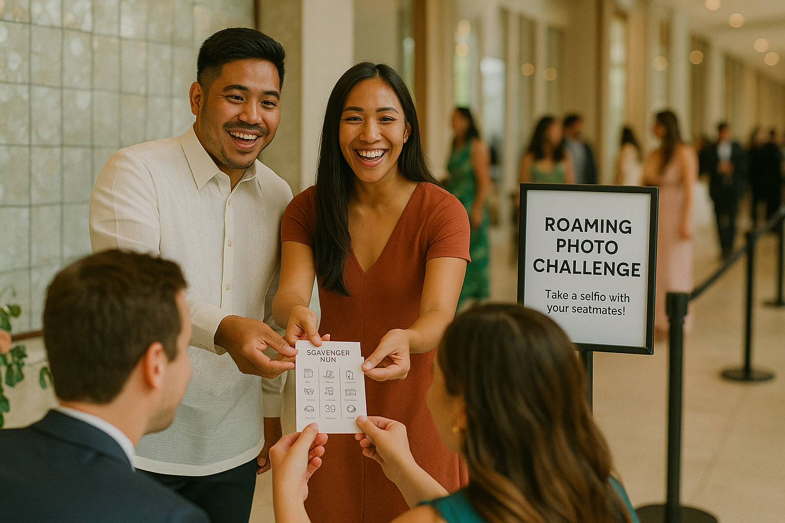 Couple hands out scavenger cards while guests explore and snap creative photos