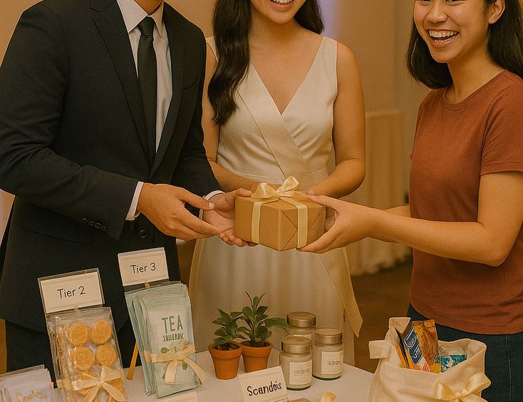 Couple awards tiered photobooth prizes from stickers to mini plants and totes