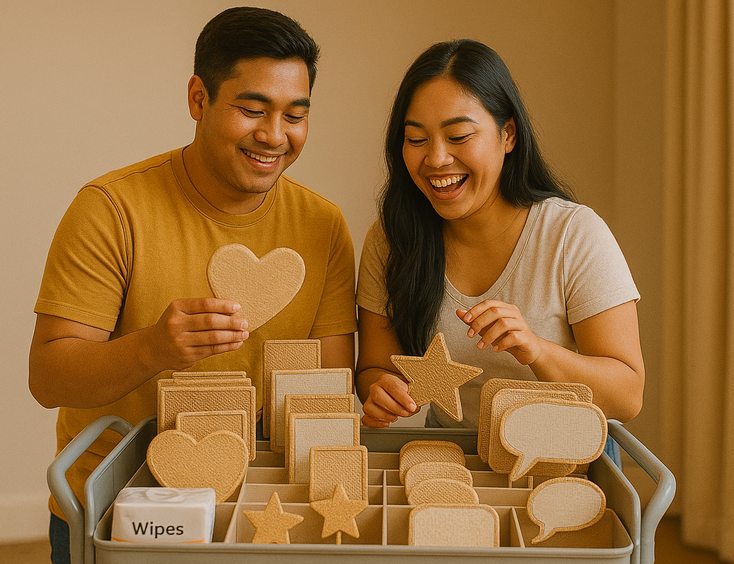 Couple chooses clean shaped props with native textures arranged neatly by the booth