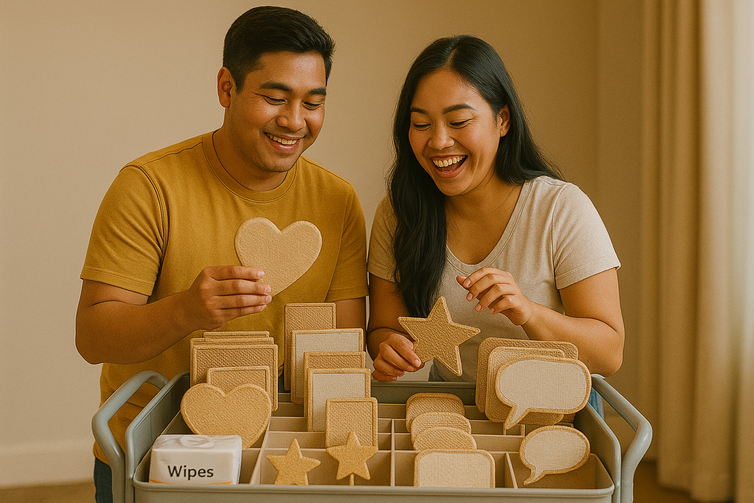Couple chooses clean shaped props with native textures arranged neatly by the booth