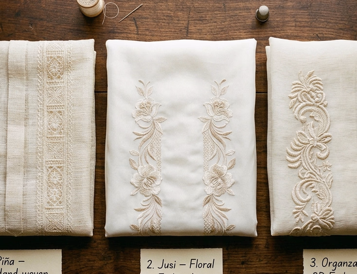 Flat lay comparison of three barong tagalog fabric samples including piña, jusi, and organza barong with embroidery details and handwritten labels on a dark wooden table