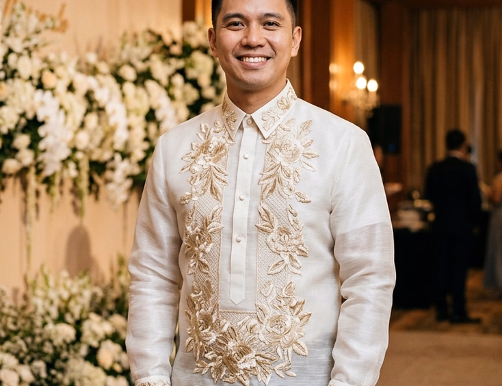 Filipino groom in a crisp organza barong tagalog with raised floral embroidery standing inside a chandelier-lit Makati ballroom with white floral arrangements