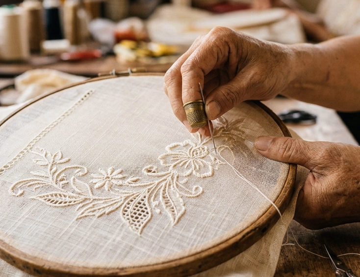 Close-up of a Filipino tailor's hands stitching calado embroidery on a piña barong panel mounted on a wooden embroidery hoop with fine ivory thread and floral patterns