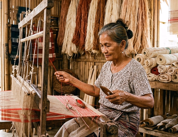 Elderly Filipino weaver threading pineapple fibers into piña fabric on a traditional wooden handloom inside an Aklan weaving cooperative