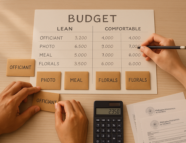 Overhead view of lean and comfortable wedding budgets with cash envelopes and calculator
