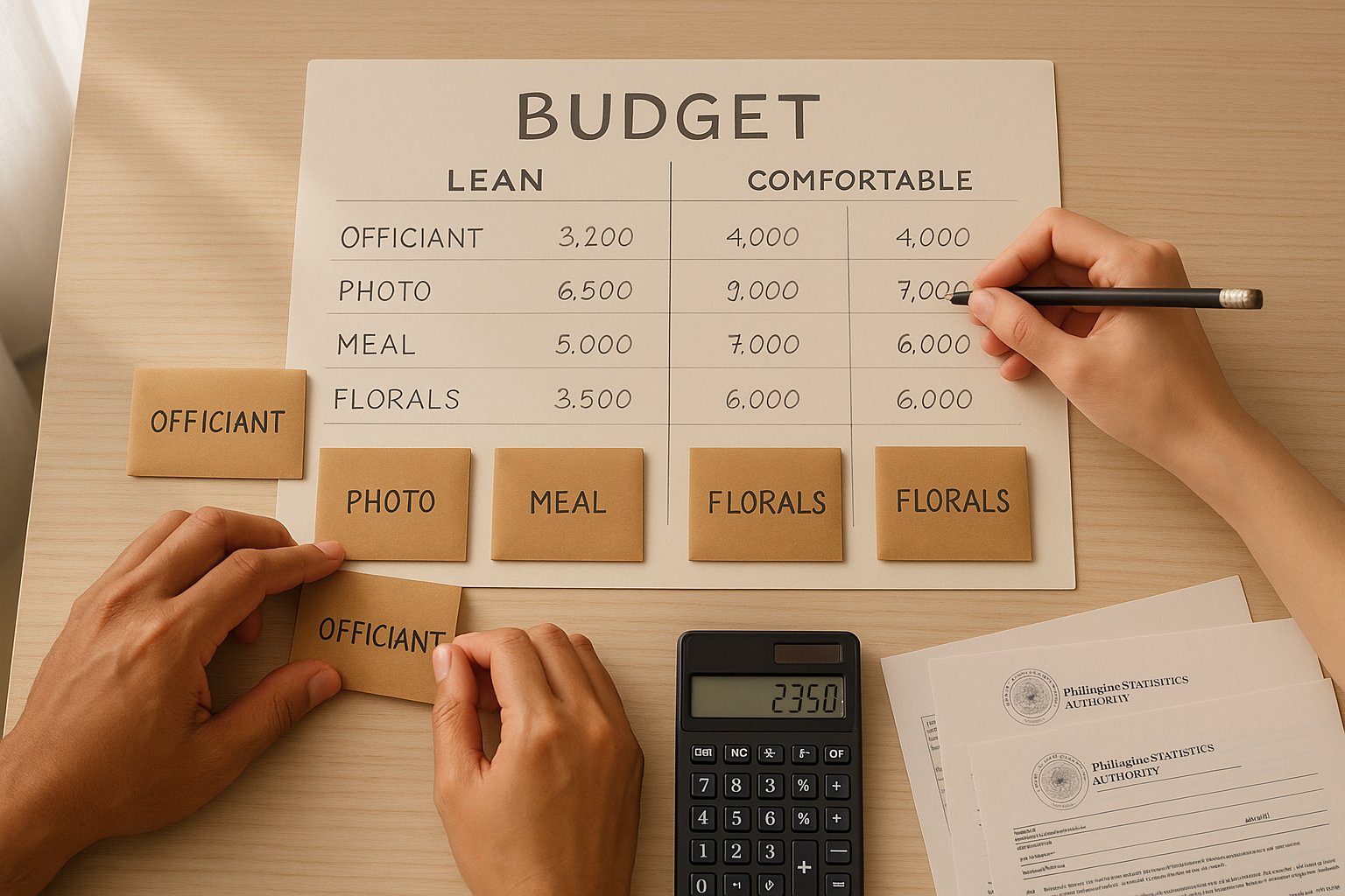 Overhead view of lean and comfortable wedding budgets with cash envelopes and calculator