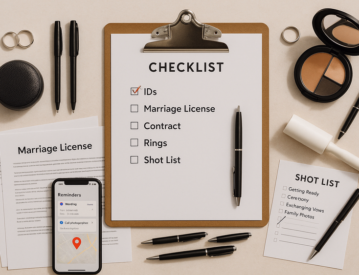 Checklist with IDs license contract pages rings and speaker laid out for the wedding day