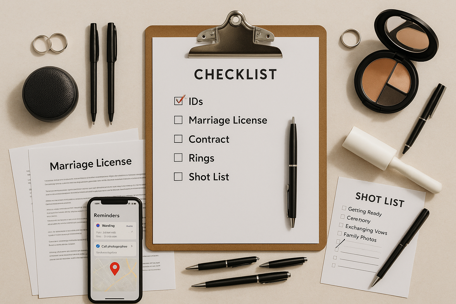 Checklist with IDs license contract pages rings and speaker laid out for the wedding day