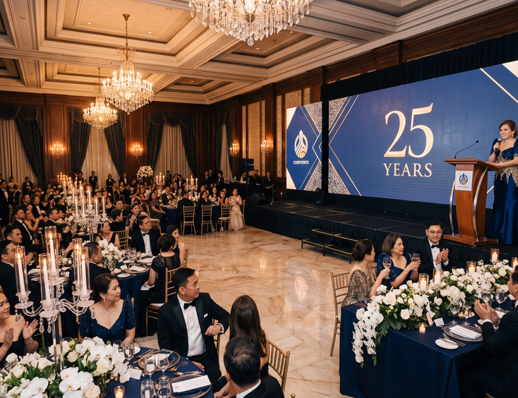 Elegant Filipino company 25th anniversary gala in a Makati hotel ballroom with black-tie guests and an executive delivering a toast.