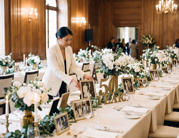 Corporate anniversary event setup with a Filipina creative director arranging archival photos and white orchids on an ivory table.