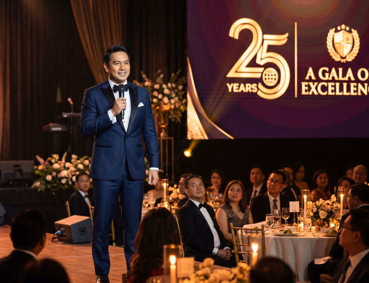 Polished Filipino host in a tuxedo on stage speaking at a company milestone anniversary gala with an LED logo wall in the background.