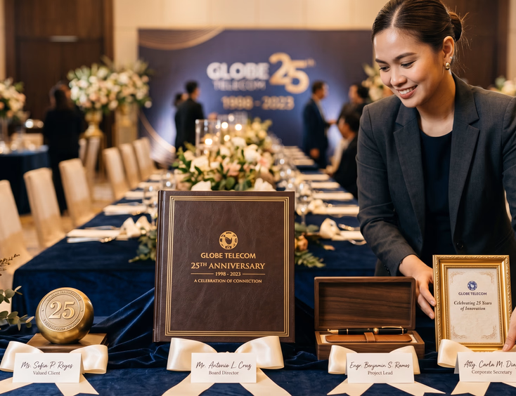 Filipina coordinator arranging premium corporate anniversary gifts and custom tokens on a velvet table at a company milestone gala.