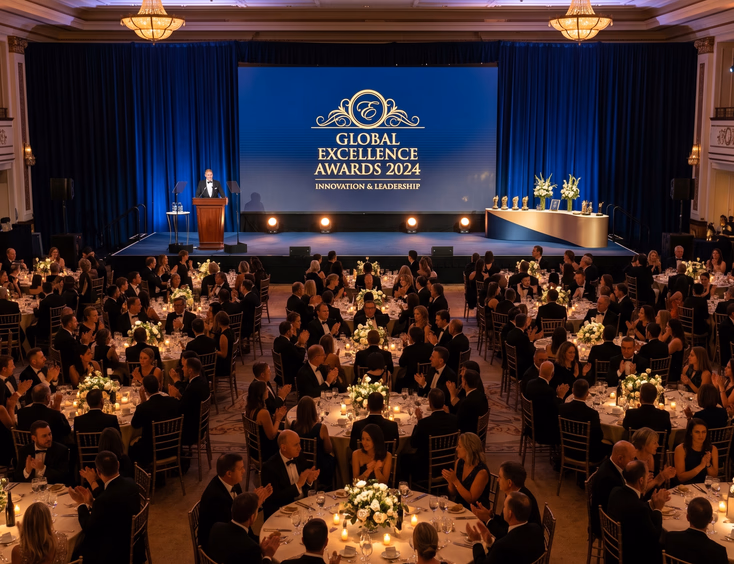 Elevated view of an elegant corporate awards ballroom, featuring a stage with a large LED logo screen, lectern, and set guest tables.