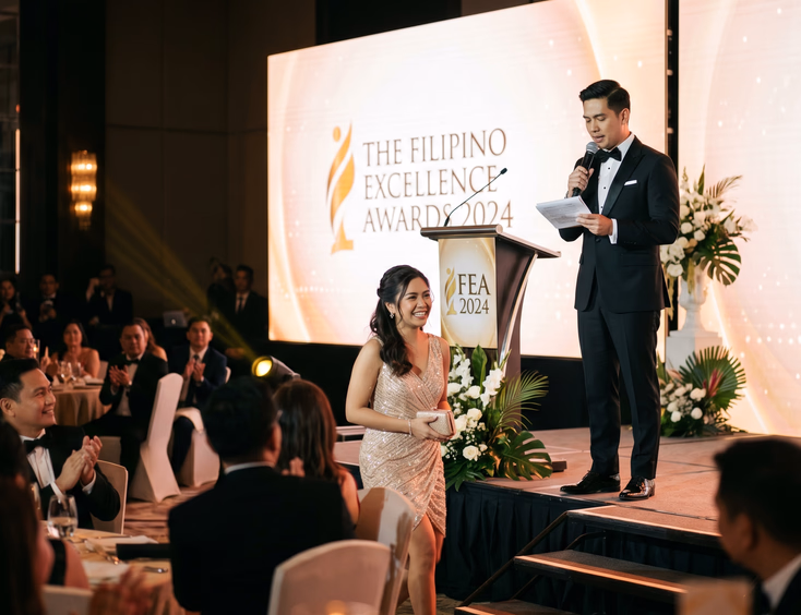Filipino host in a tuxedo reading an award citation on stage as a recipient approaches, at a corporate awards ceremony in Manila.