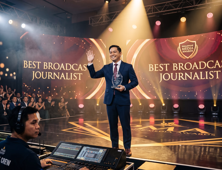 A Filipino award recipient stands in a spotlight on a dramatic stage holding a crystal trophy, with a massive curved LED wall behind.