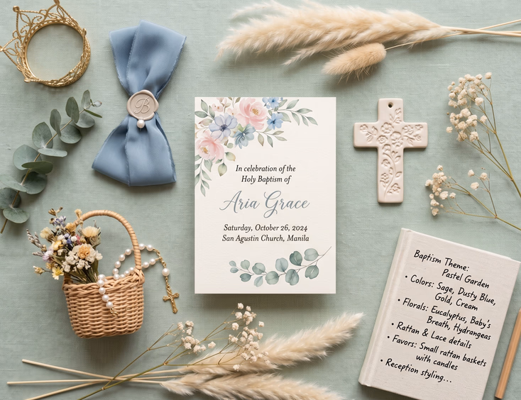 Flat lay of Filipino baptism theme inspiration featuring a watercolor floral invitation, ceramic cross, crown, and delicate dried florals.