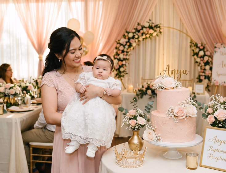 A Filipino mother holds her baby girl in a white lace christening gown at a baptism reception with a blush floral cake table setup.
