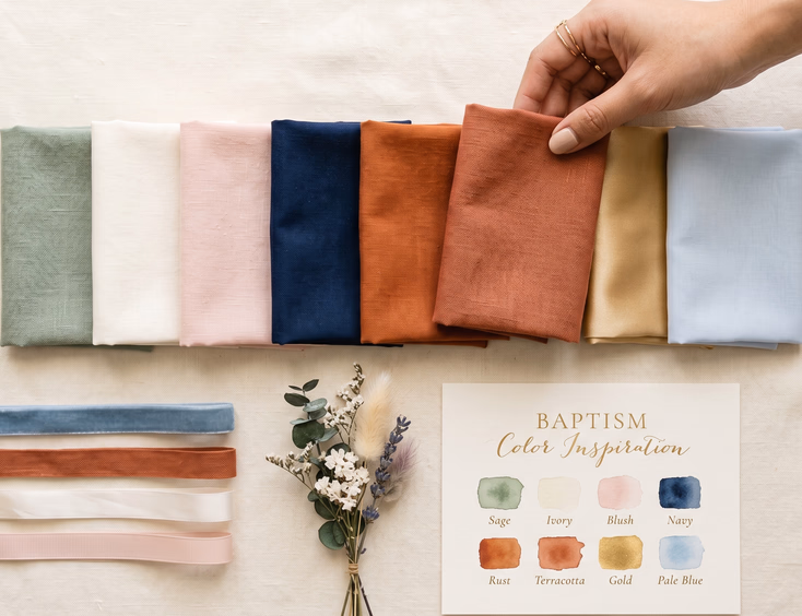 Flat lay of baptism color palette fabric swatches in sage, blush, and navy as a Filipino stylist holds a sample for comparison.