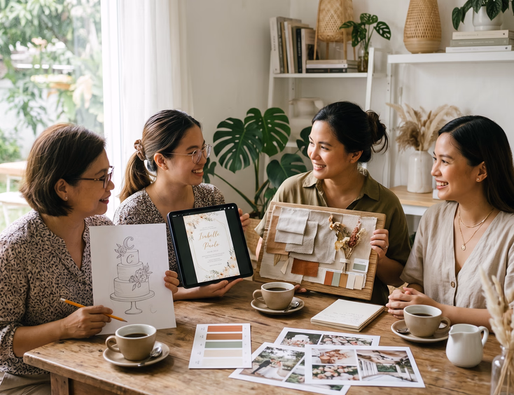 A young Filipino mother meets with event suppliers in a bright studio to review a mood board and custom cake sketches for a baptism.