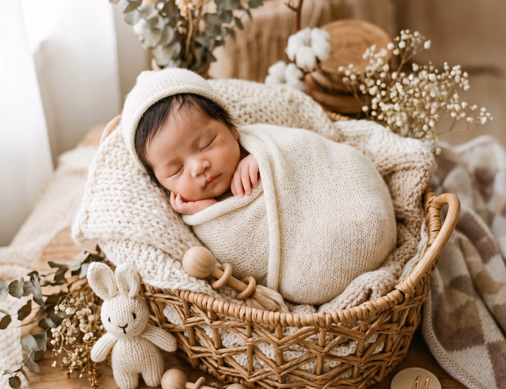 A peaceful Filipino newborn is curled snugly in a soft cream wrap, surrounded by gentle props in a warm, beautifully styled studio setup.